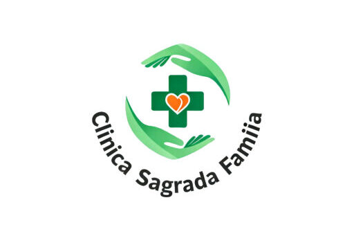 Logo de Clínica Sagrada Familia - Cruz médica verde con corazón naranja protegida por manos, simbolizando cuidado y atención médica integral