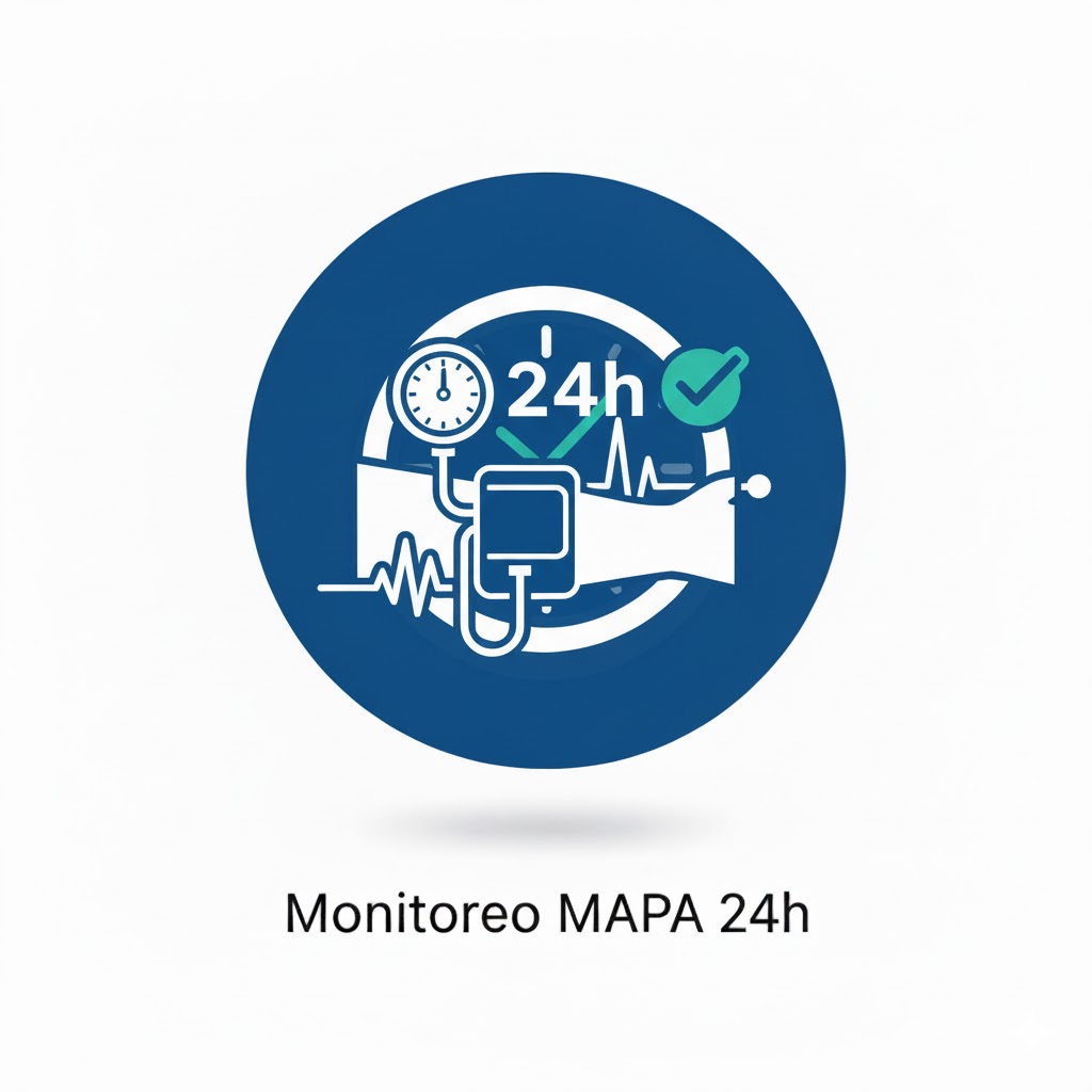Icono de monitoreo ambulatorio de presión arterial (MAPA) 24 horas, con esfigmomanómetro en brazo y reloj.