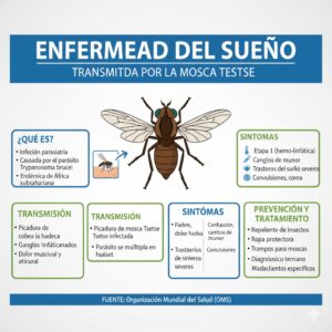 Infografía detallada sobre la enfermedad del sueño (tripanosomiasis africana) causada por la picadura de la mosca tsetsé en África subsahariana.
