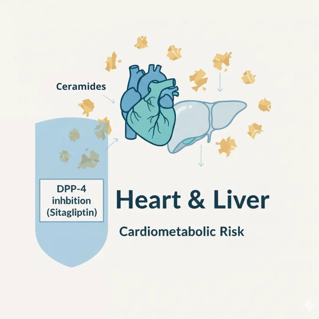 Infografía sobre ceramidas y riesgo cardiometabólico con posible modulación mediante inhibición DPP-4 (sitagliptina)