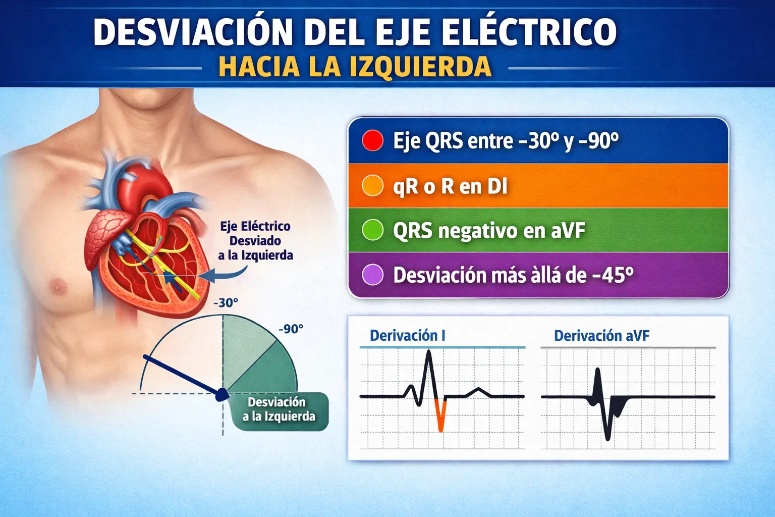 Electrocardiograma con desviación del eje eléctrico a la izquierda mostrando QRS positivo en DI y negativo en aVF y DII